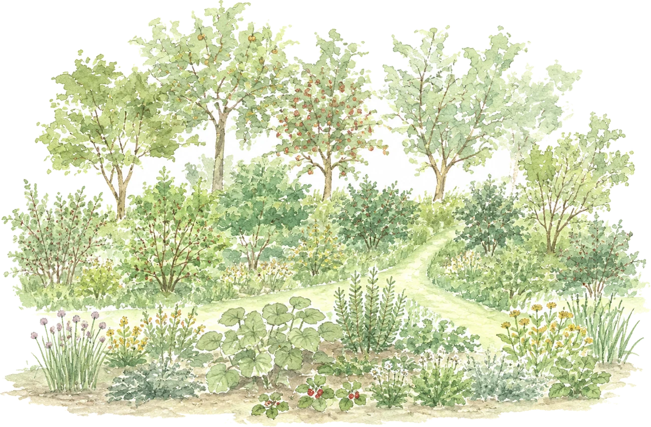 La forêt comestible en strates, à l'aquarelle