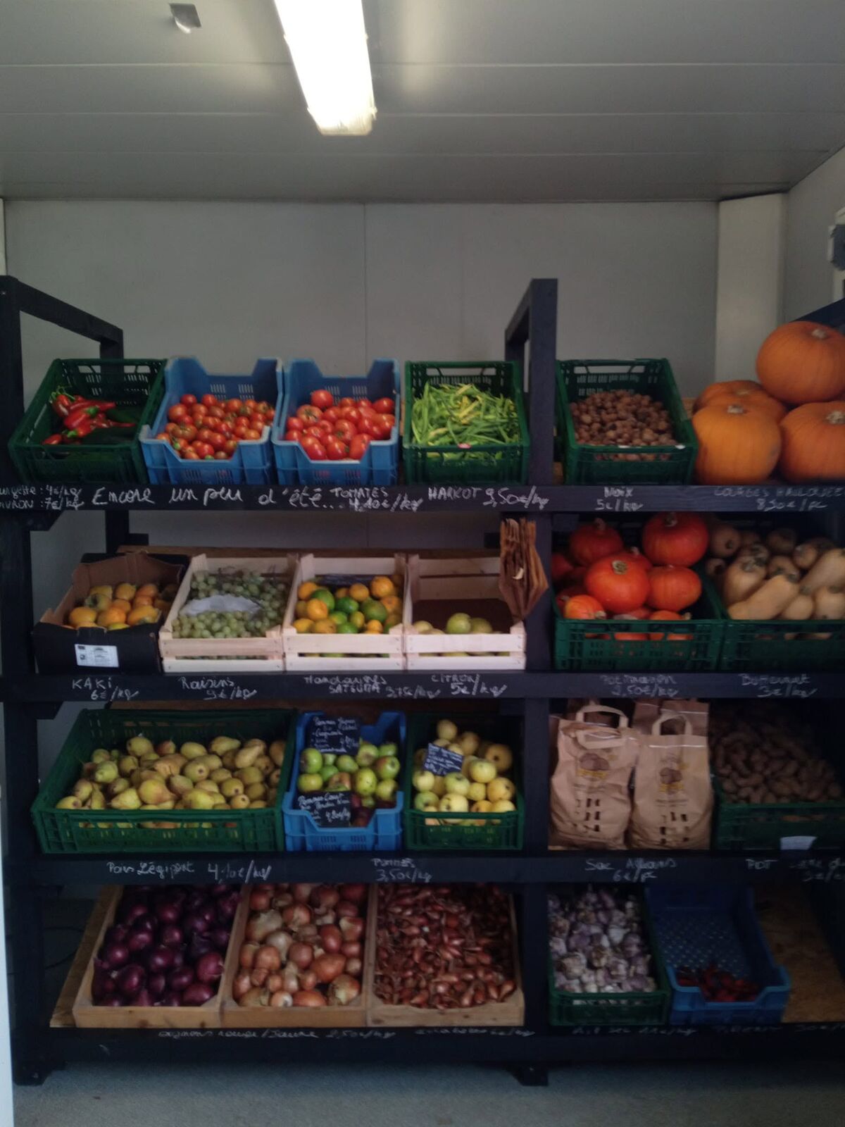 Les étals du magasin libre-service du domaine, garnis de légumes et de fruits de saison